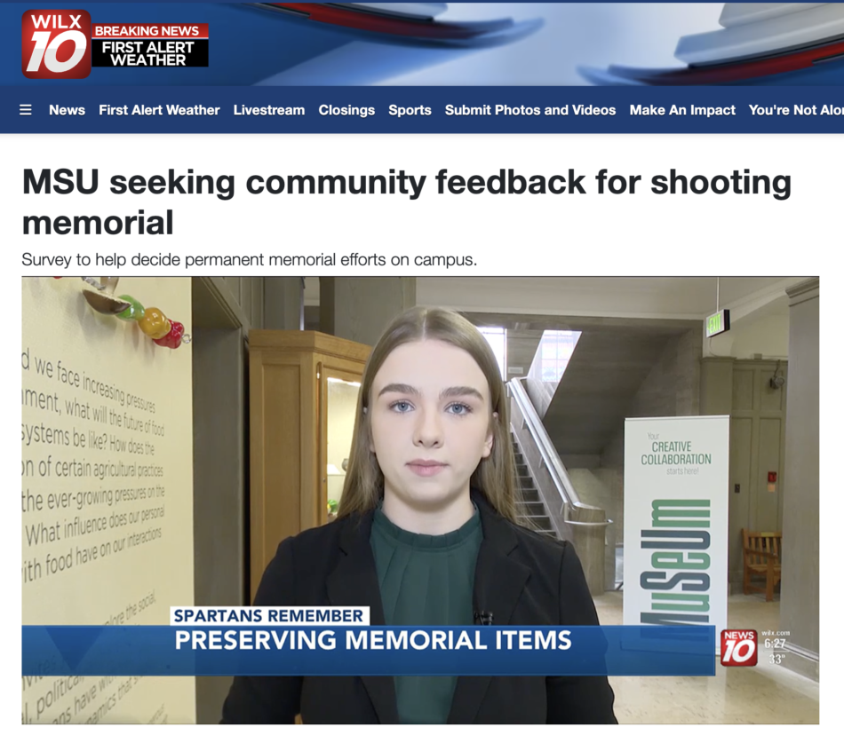 A screenshot of a WILX interview about the 2/13 memorial collection and the MSU Museum's work to preserve the materials.
